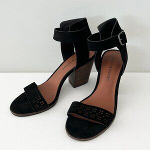 LUCKY Brand Odonnah Leather Suede Sandals Black Block Heel Ankle Strap Size 7.5